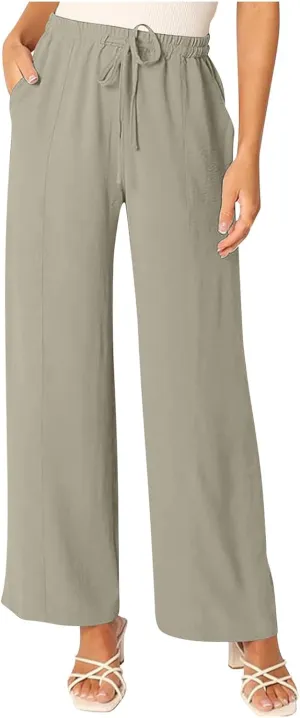 Beach Pants for Women Summer Casual Loose Plus Size Linen Pants Work Wide Leg Flowy Pants Trousers with Pckets