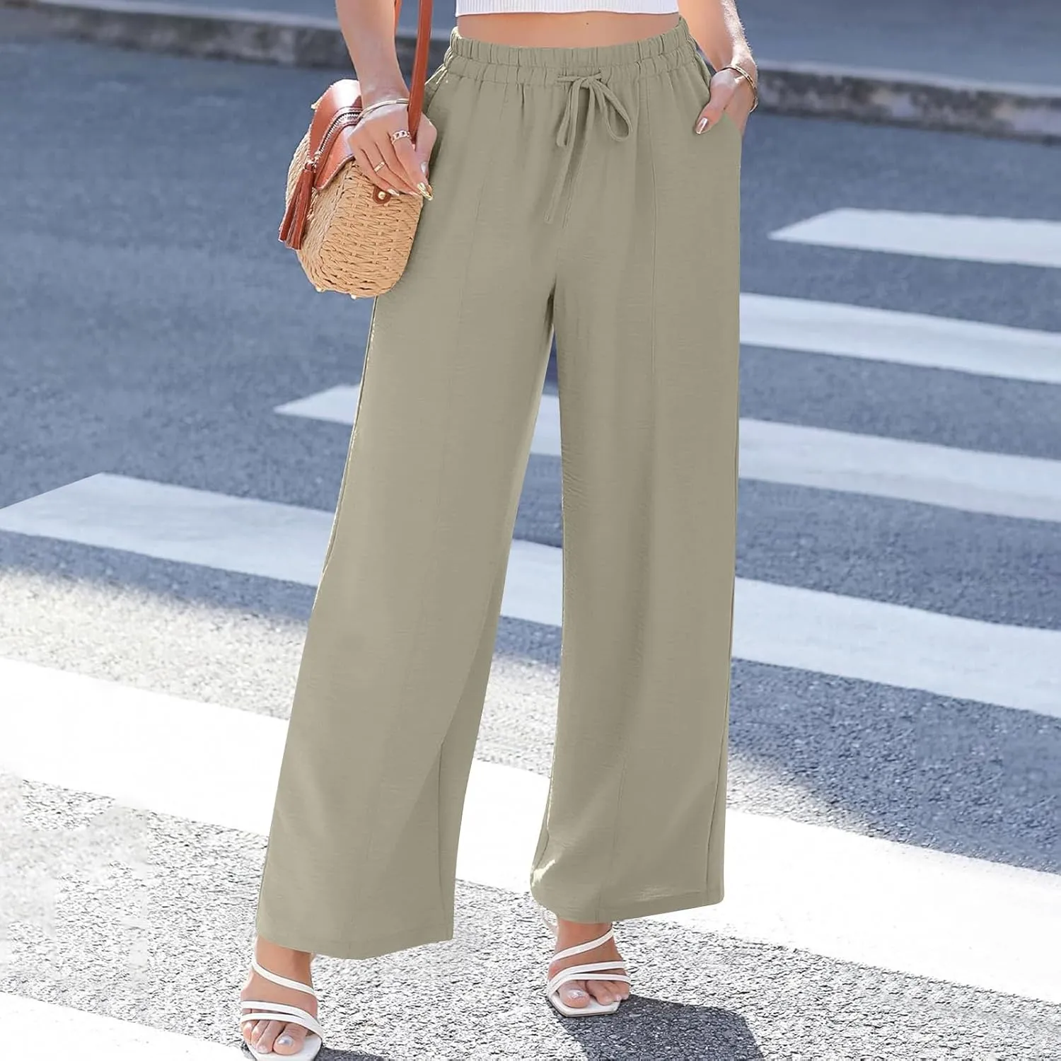 Beach Pants for Women Summer Casual Loose Plus Size Linen Pants Work Wide Leg Flowy Pants Trousers with Pckets