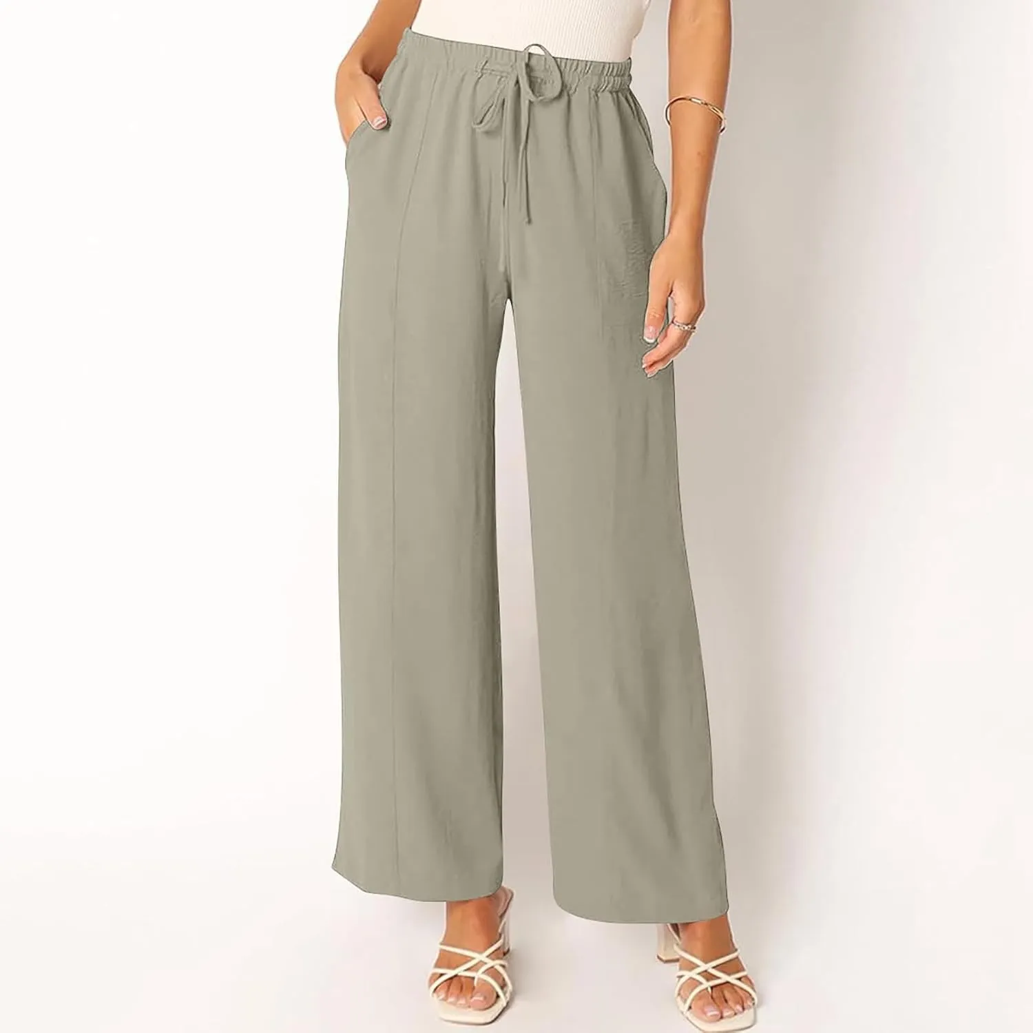 Beach Pants for Women Summer Casual Loose Plus Size Linen Pants Work Wide Leg Flowy Pants Trousers with Pckets