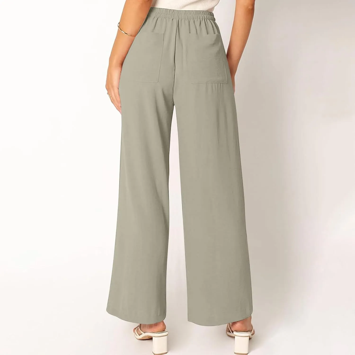 Beach Pants for Women Summer Casual Loose Plus Size Linen Pants Work Wide Leg Flowy Pants Trousers with Pckets