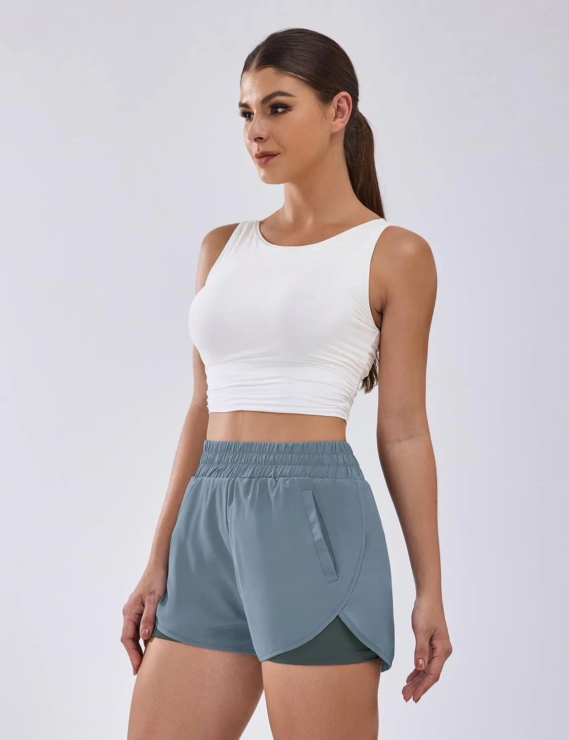 BMJL Women's Running Workout Shorts Elastic High Waist Pocket Short
