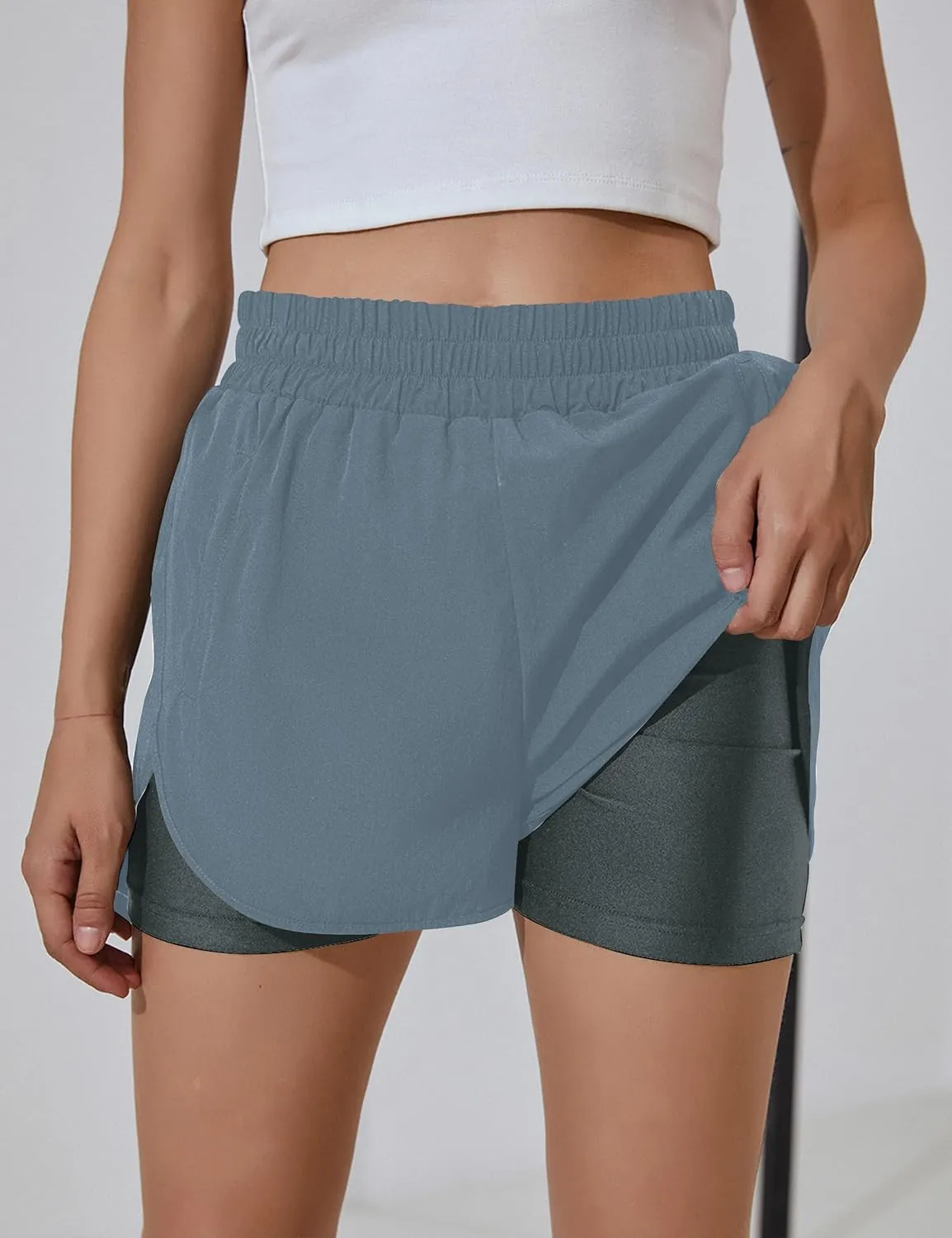BMJL Women's Running Workout Shorts Elastic High Waist Pocket Short