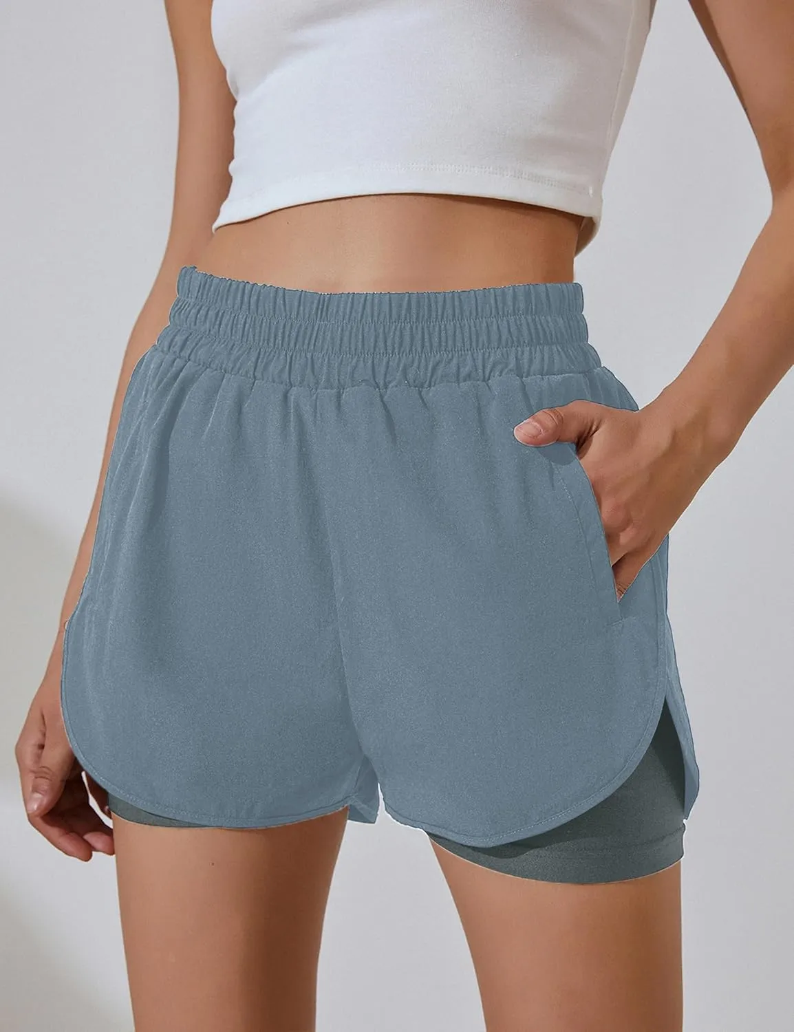 BMJL Women's Running Workout Shorts Elastic High Waist Pocket Short