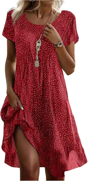 Boho Dresses for Women 2025 Summer Floral Print Short Sleeve Midi Dress Casual Loose A Line Beach Sun Dresses with Pockets