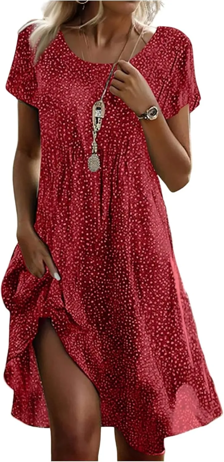 Boho Dresses for Women 2025 Summer Floral Print Short Sleeve Midi Dress Casual Loose A Line Beach Sun Dresses with Pockets