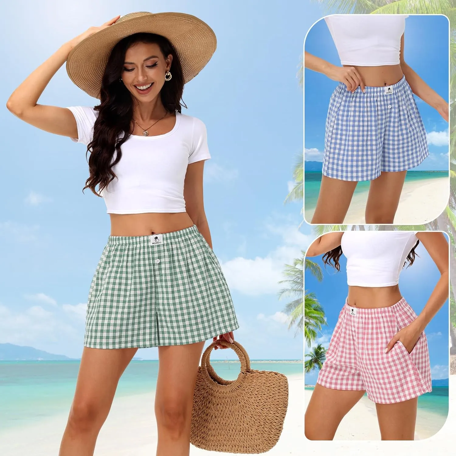 Bonuci 3 Pack Women Boxer Shorts Y2k Cute Plaid Cotton Gingham Pajama 2025 Summer Casual Lounge Sleep Bottoms with Pockets
