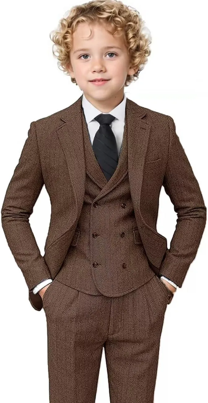 Boys Tweed Suit 3 Piece Tuxedo Suit for Boys Two Button Suits Jackets Vest Pants Set for Kid