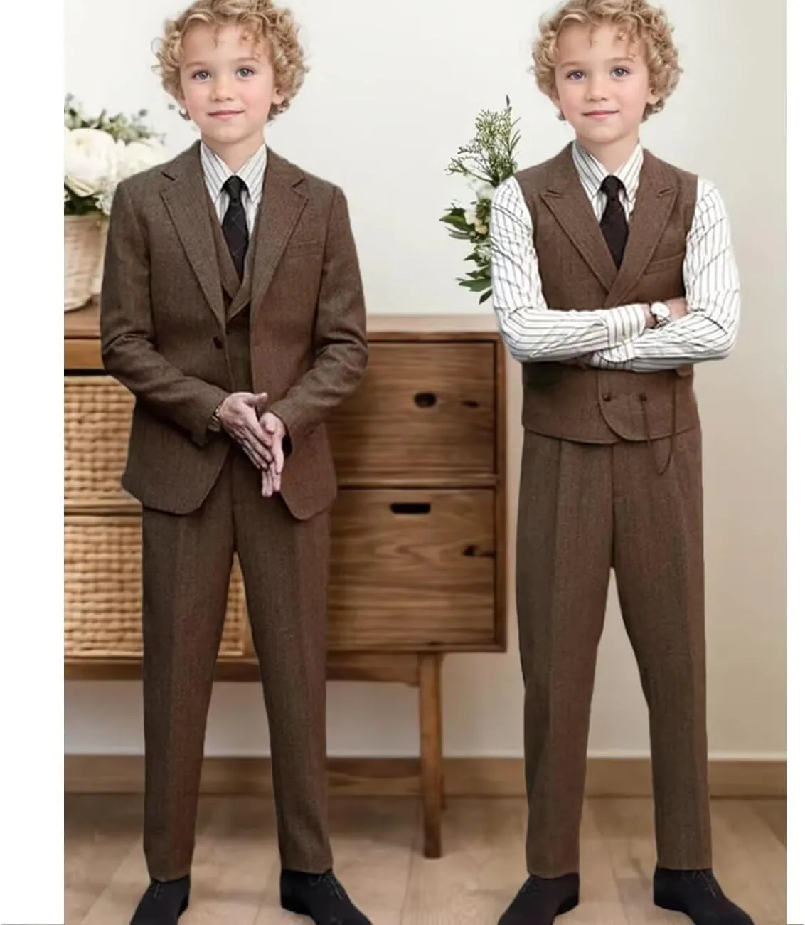 Boys Tweed Suit 3 Piece Tuxedo Suit for Boys Two Button Suits Jackets Vest Pants Set for Kid