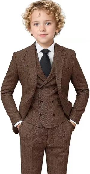 Boys Tweed Suit 3 Piece Tuxedo Suit for Boys Two Button Suits Jackets Vest Pants Set for Kid