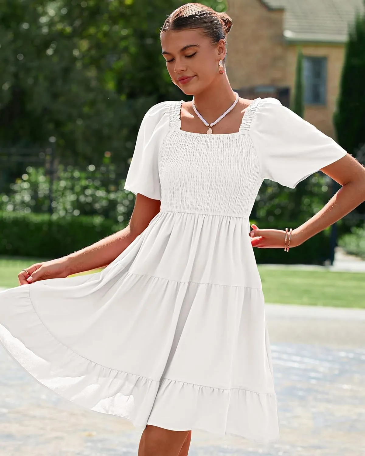 BTFBM Women's Summer Smocked Mini Dress Square Neck Flutter Sleeve Casual Ruffle Flared Swing Boho Beach Dresses Pockets