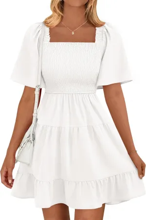 BTFBM Women's Summer Smocked Mini Dress Square Neck Flutter Sleeve Casual Ruffle Flared Swing Boho Beach Dresses Pockets
