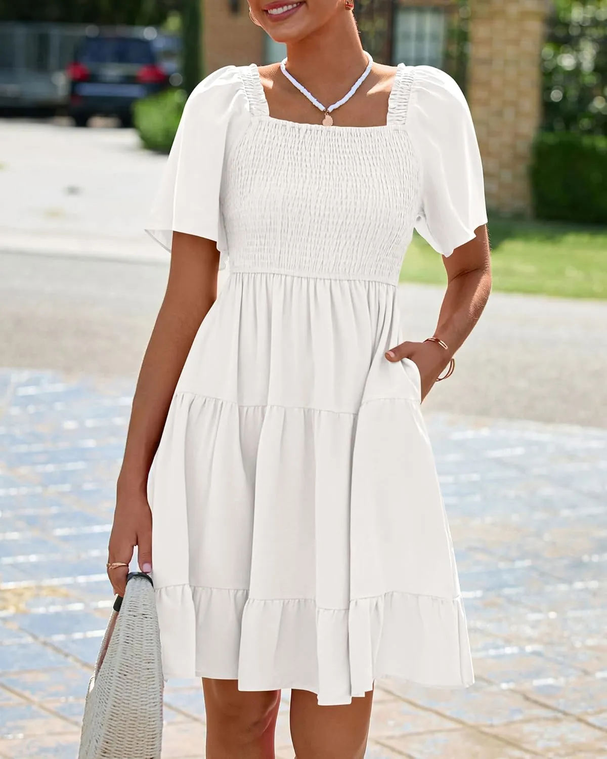 BTFBM Women's Summer Smocked Mini Dress Square Neck Flutter Sleeve Casual Ruffle Flared Swing Boho Beach Dresses Pockets