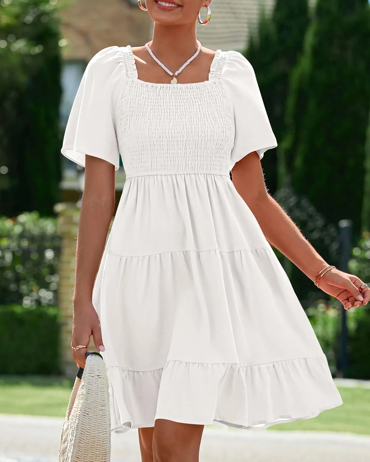 BTFBM Women's Summer Smocked Mini Dress Square Neck Flutter Sleeve Casual Ruffle Flared Swing Boho Beach Dresses Pockets
