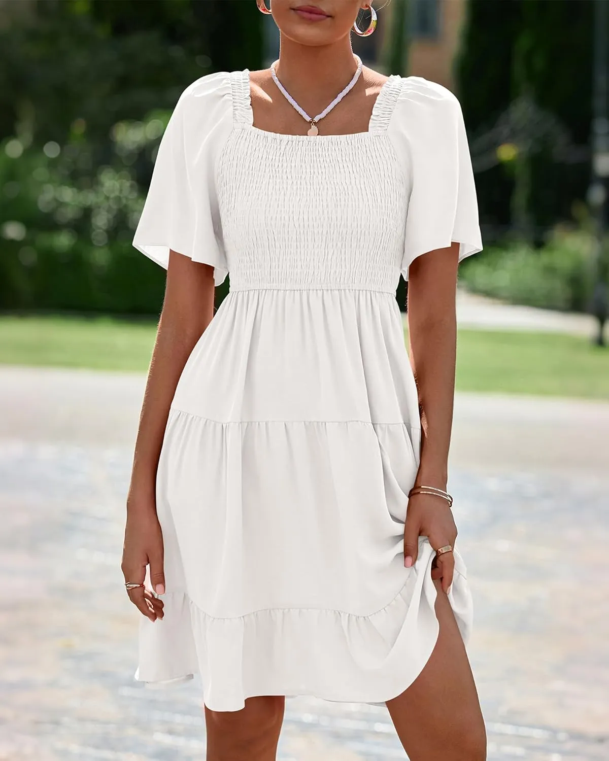 BTFBM Women's Summer Smocked Mini Dress Square Neck Flutter Sleeve Casual Ruffle Flared Swing Boho Beach Dresses Pockets