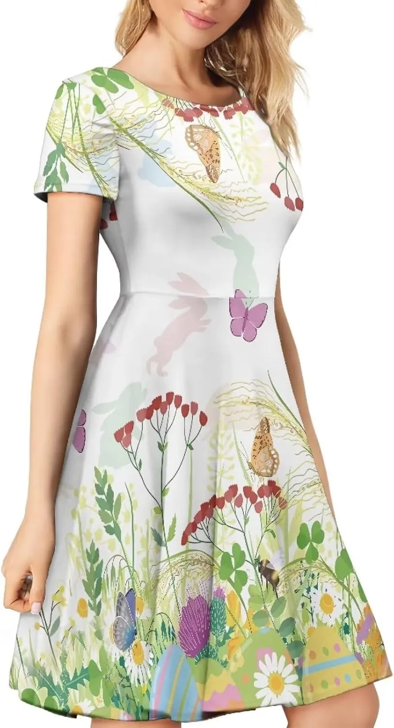 Buybai Summer Dresses for Women Crewneck Party Midi Dress Casual Short Sleeve Vacation Dresses