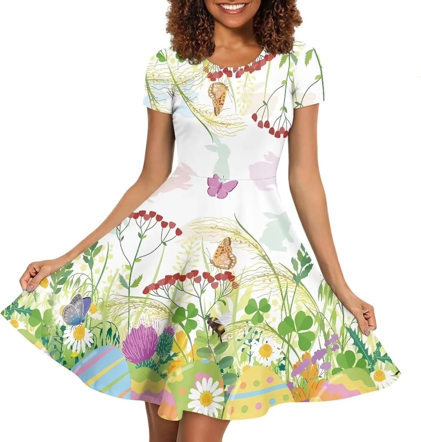 Buybai Summer Dresses for Women Crewneck Party Midi Dress Casual Short Sleeve Vacation Dresses