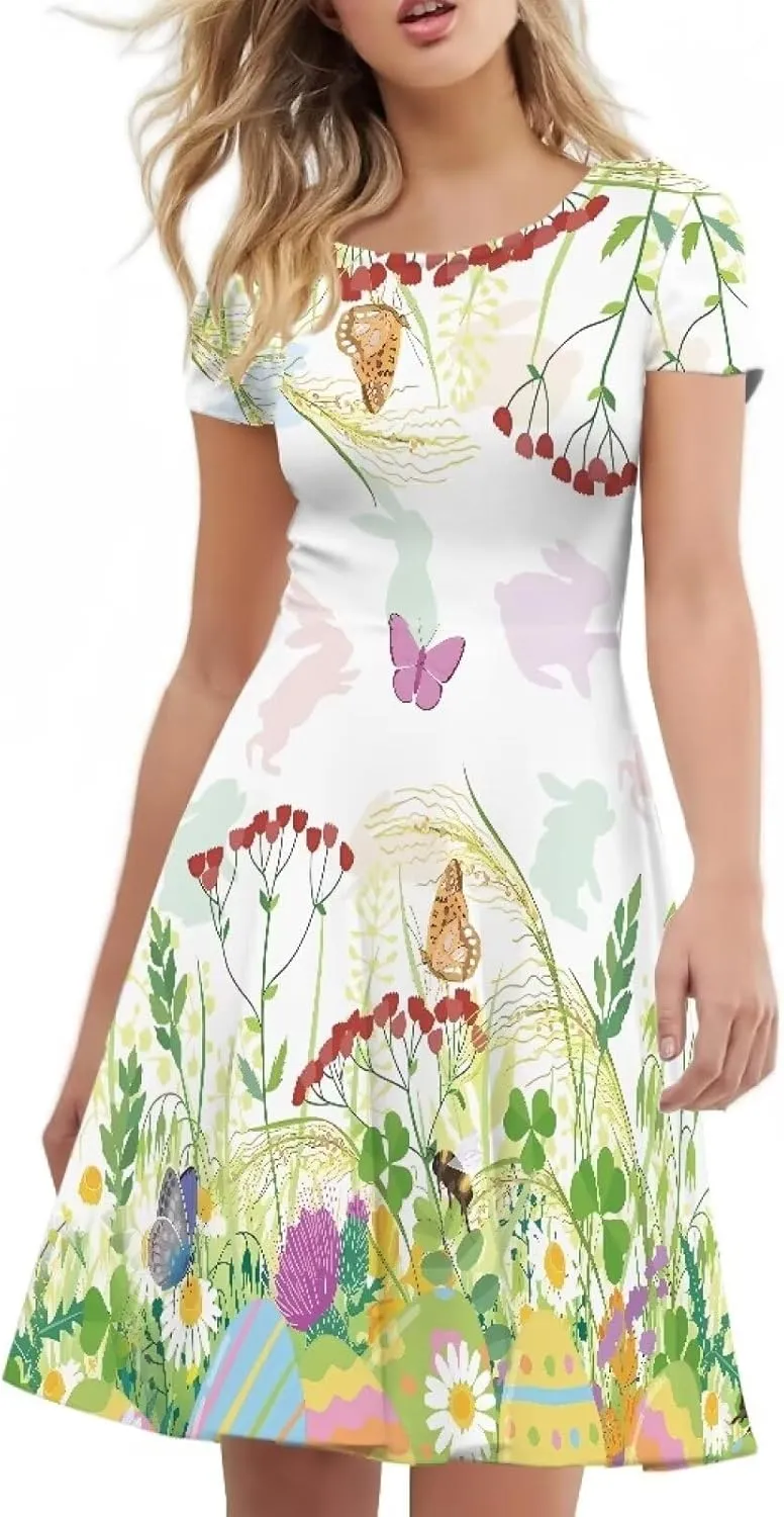 Buybai Summer Dresses for Women Crewneck Party Midi Dress Casual Short Sleeve Vacation Dresses