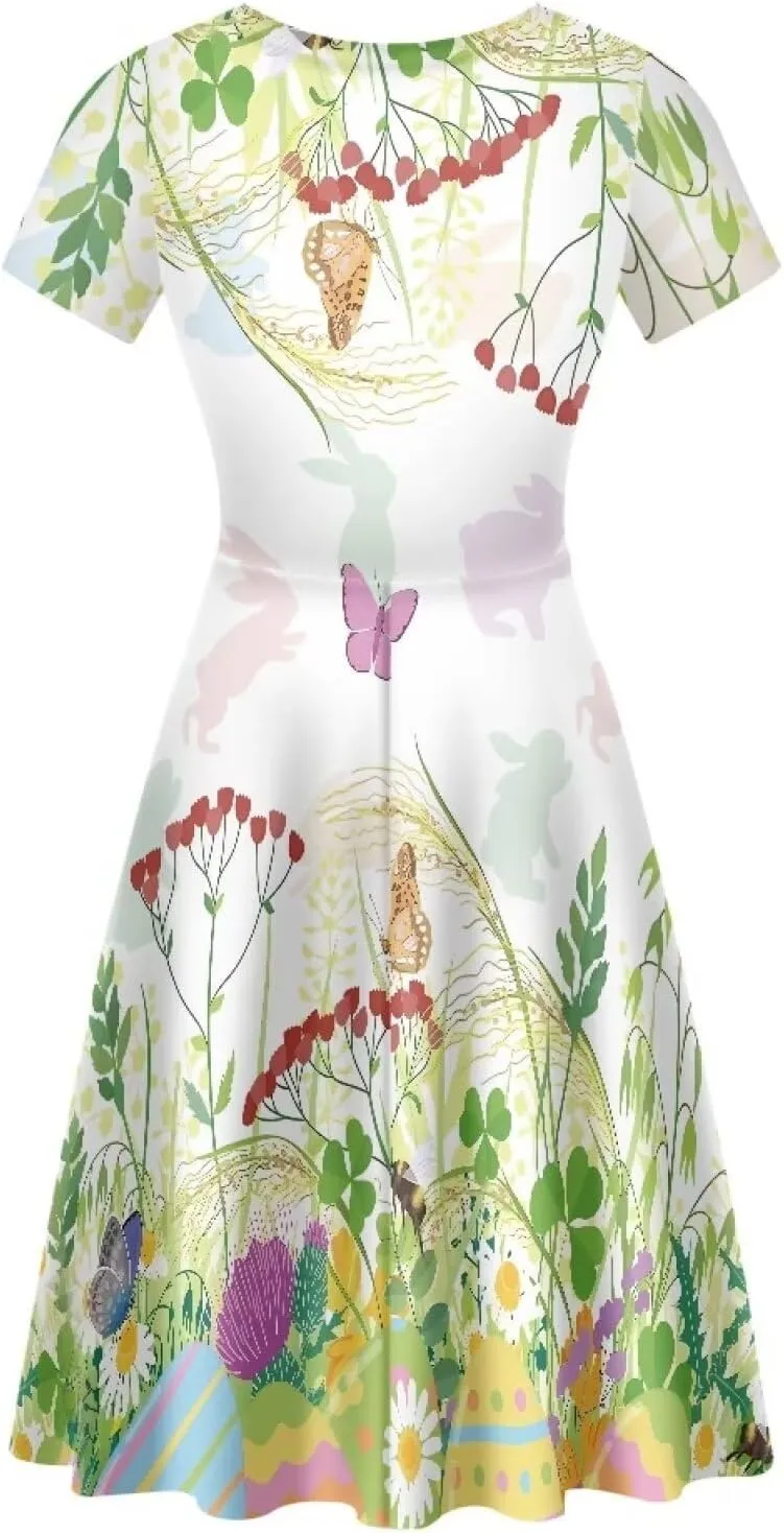 Buybai Summer Dresses for Women Crewneck Party Midi Dress Casual Short Sleeve Vacation Dresses