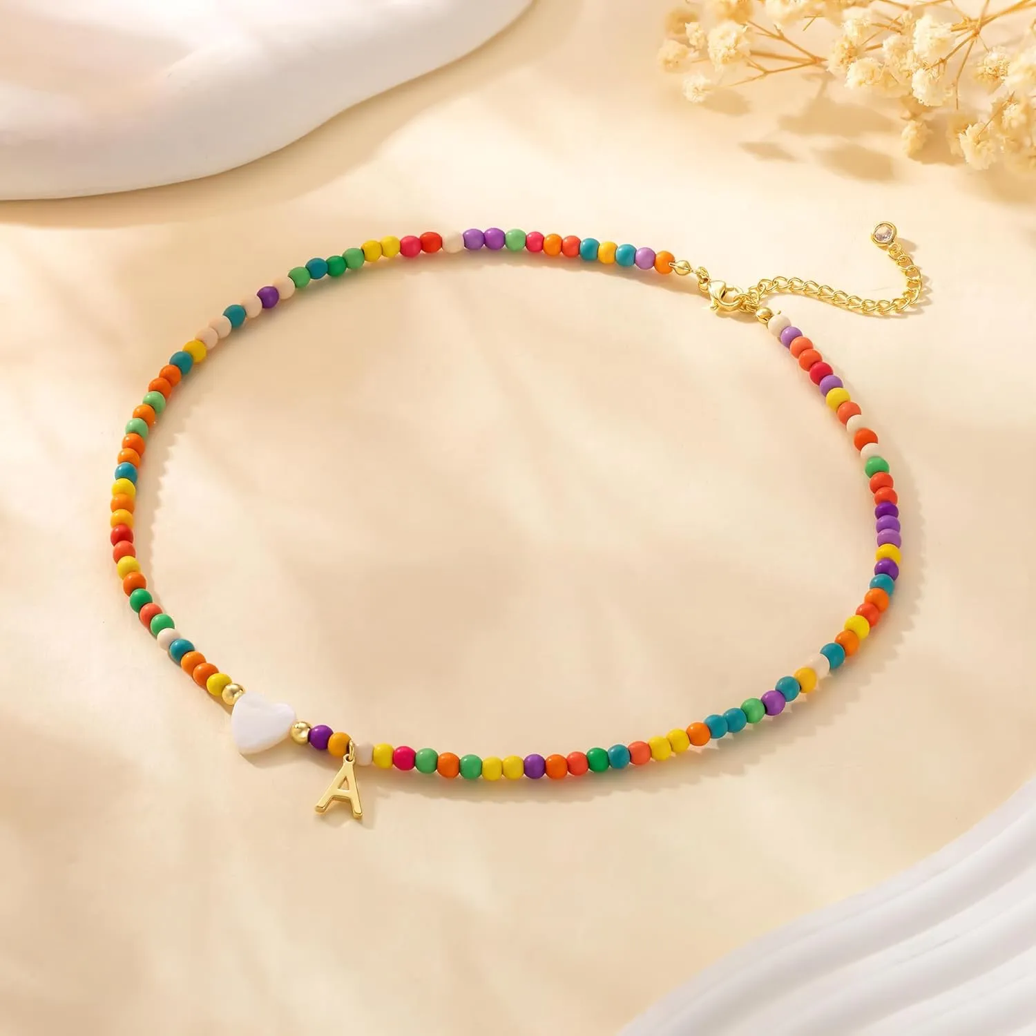 Caffordo Initial Necklaces for Women - Dainty 14K Gold Plated Letter A-Z Necklace Cute Colorful Beaded Choker Heart Pendants Necklace Trendy Jewelry Gifts