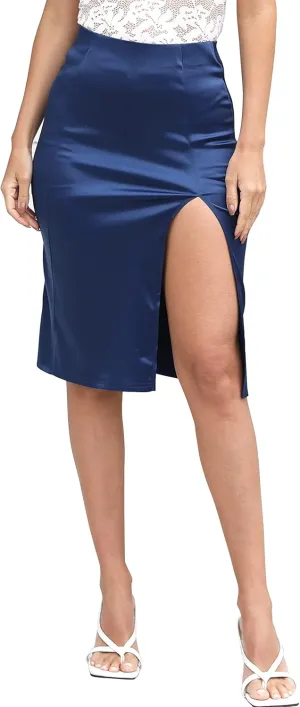 Cantonwalker Women's High Waist Front Slit Bodycon Fit Stretch Satin Work Midi Skirts 0243