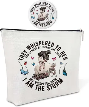 Canvas Makeup Bag with Mirror,I Am The Storm Purse Zipper Cosmetic Bag,Travel Makeup Pouch,Makeup Bag for Purse,Inspirational Gifts,Birthday Gift for Sister,Women,Girls,Her,Friend,Niece,Coworker,4