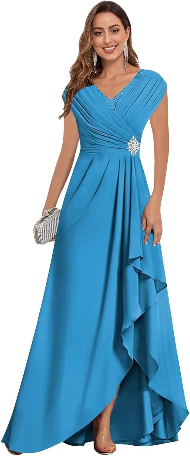 Cap Sleeve Mother of The Bride Dresses Chiffon V Neck Ruffles Beaded A Line Long Formal Wedding Guest Dress