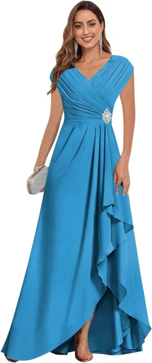 Cap Sleeve Mother of The Bride Dresses Chiffon V Neck Ruffles Beaded A Line Long Formal Wedding Guest Dress