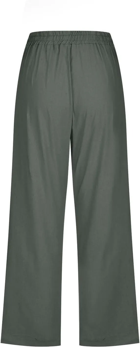 Capri Pants for Women Linen Casual Summer Drawstring Elastic High Waist Straight Wide Leg Cropped Trouser with Pocket