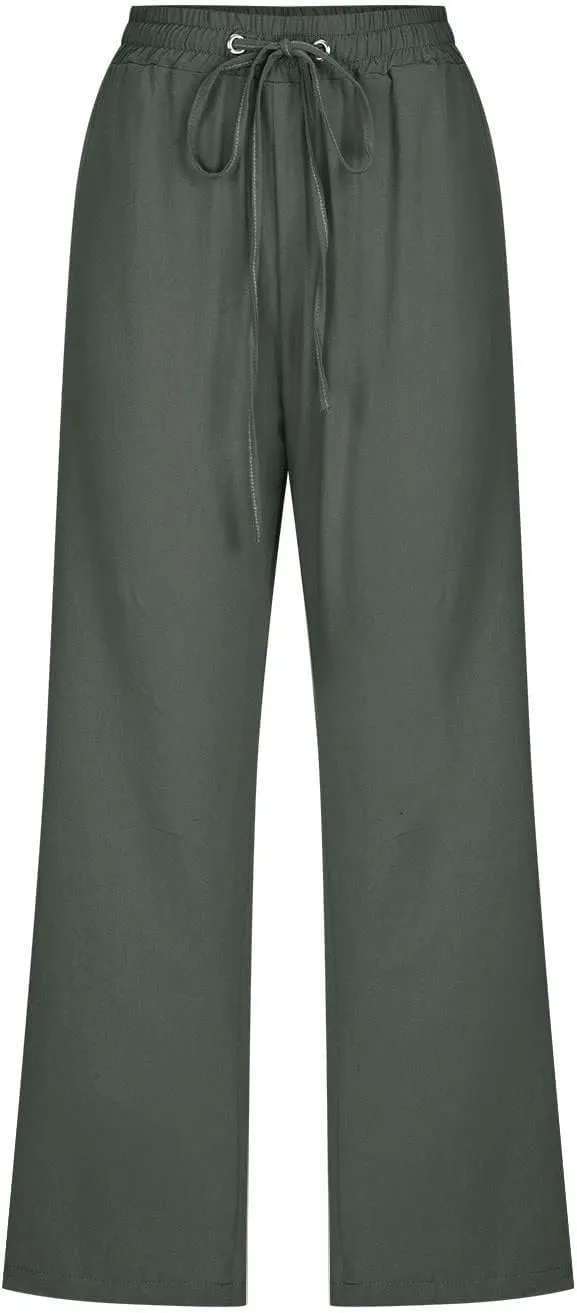Capri Pants for Women Linen Casual Summer Drawstring Elastic High Waist Straight Wide Leg Cropped Trouser with Pocket