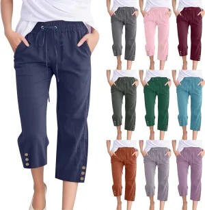 Capri Pants for Women Linen Casual Summer Drawstring Elastic High Waist Straight Wide Leg Cropped Trouser with Pocket
