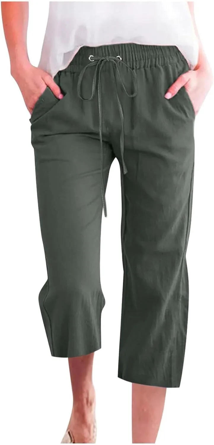 Capri Pants for Women Linen Casual Summer Drawstring Elastic High Waist Straight Wide Leg Cropped Trouser with Pocket