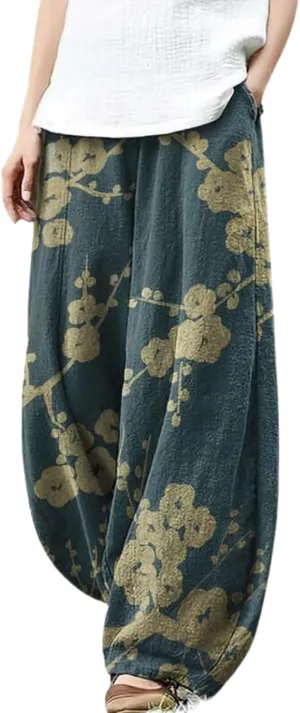 Cargo Japanese Pants for Women Cotton Linen Wide Leg Pants Casual Summer Boho Baggy Lantern Trouser with Pockets
