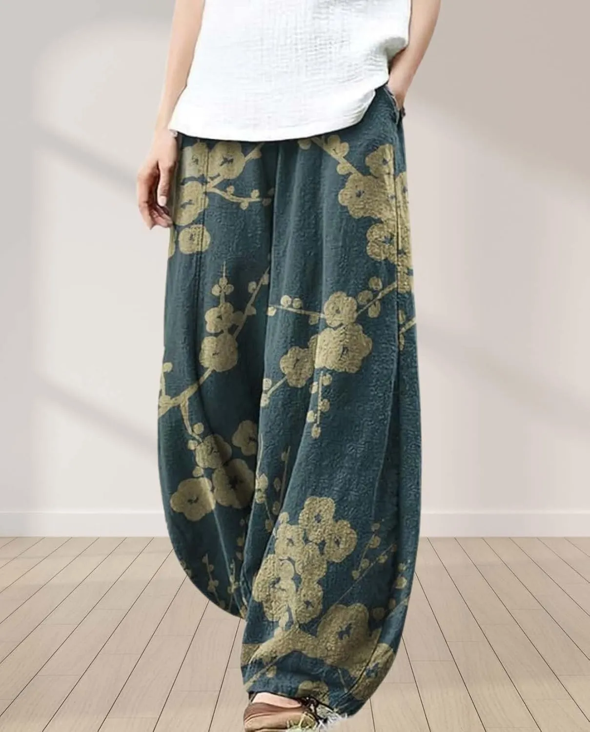 Cargo Japanese Pants for Women Cotton Linen Wide Leg Pants Casual Summer Boho Baggy Lantern Trouser with Pockets