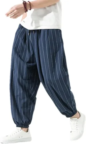 Casual Striped Harem Pants Men's Harajuku Turnip Pant Loose Cotton Linen Trousers Sweatpants