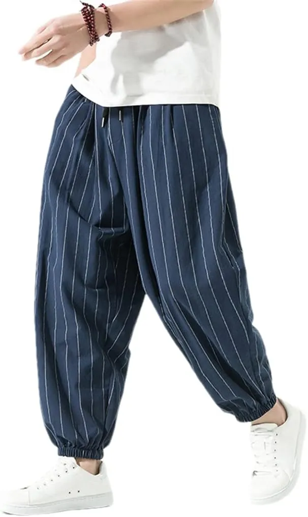Casual Striped Harem Pants Men's Harajuku Turnip Pant Loose Cotton Linen Trousers Sweatpants