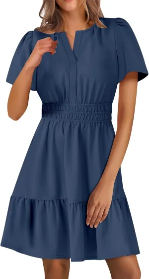 Casual Summer Dresses for Women 2025 Short Sleeve V Neck Beach Mini A-Line Ruffle Flowy Dress Dressy Work Sundress