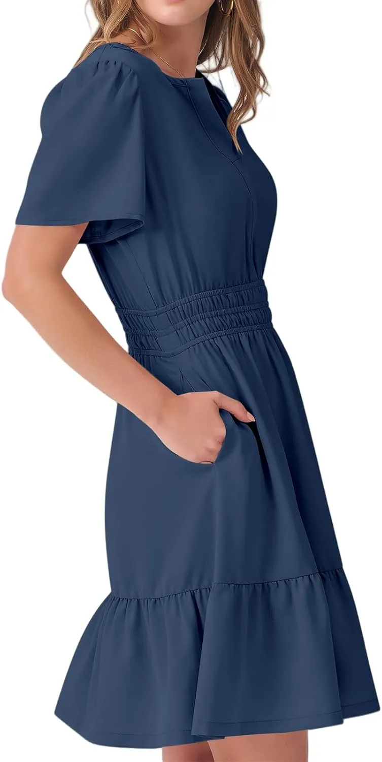 Casual Summer Dresses for Women 2025 Short Sleeve V Neck Beach Mini A-Line Ruffle Flowy Dress Dressy Work Sundress