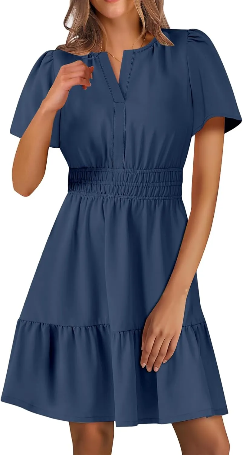 Casual Summer Dresses for Women 2025 Short Sleeve V Neck Beach Mini A-Line Ruffle Flowy Dress Dressy Work Sundress