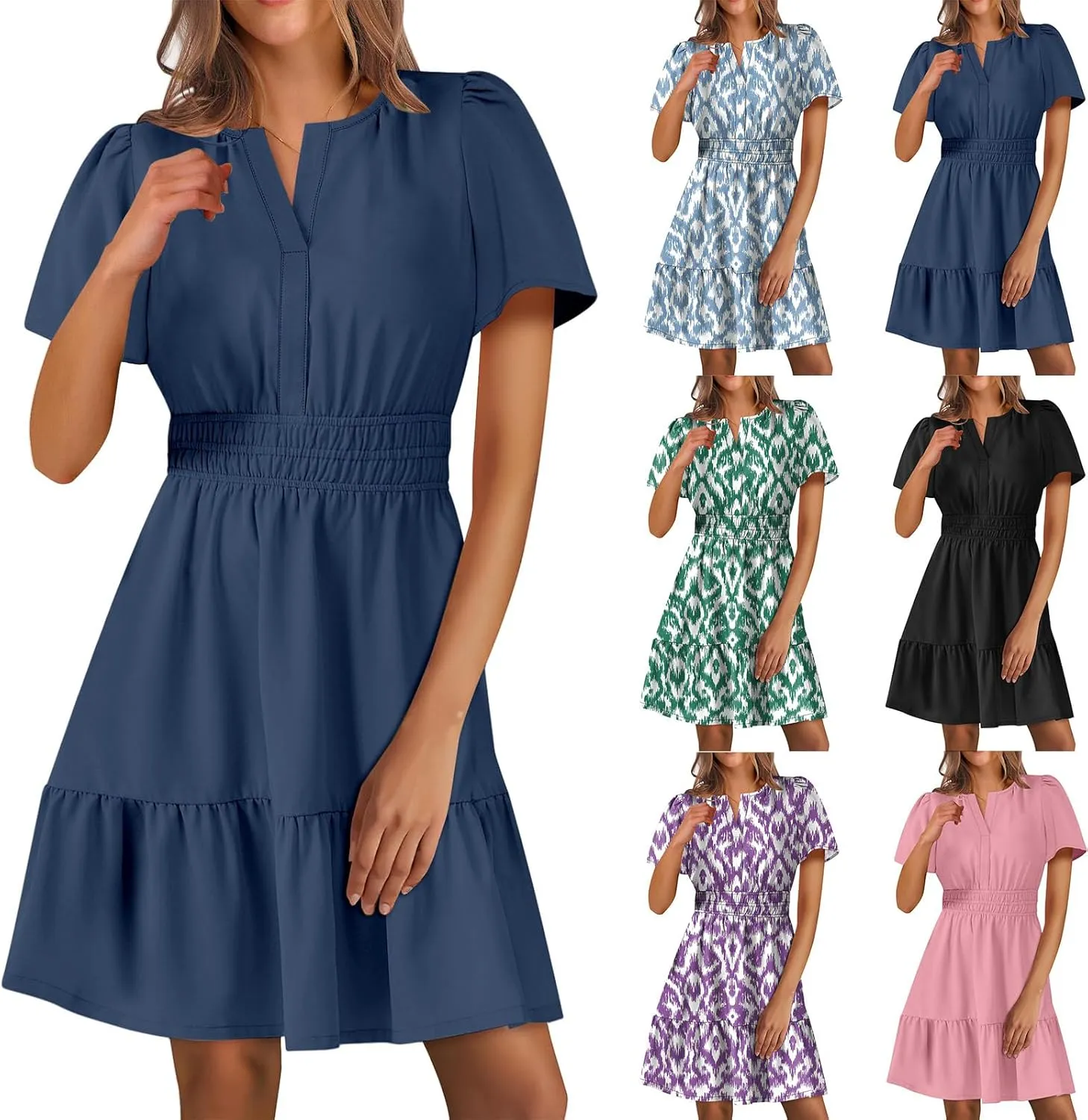 Casual Summer Dresses for Women 2025 Short Sleeve V Neck Beach Mini A-Line Ruffle Flowy Dress Dressy Work Sundress