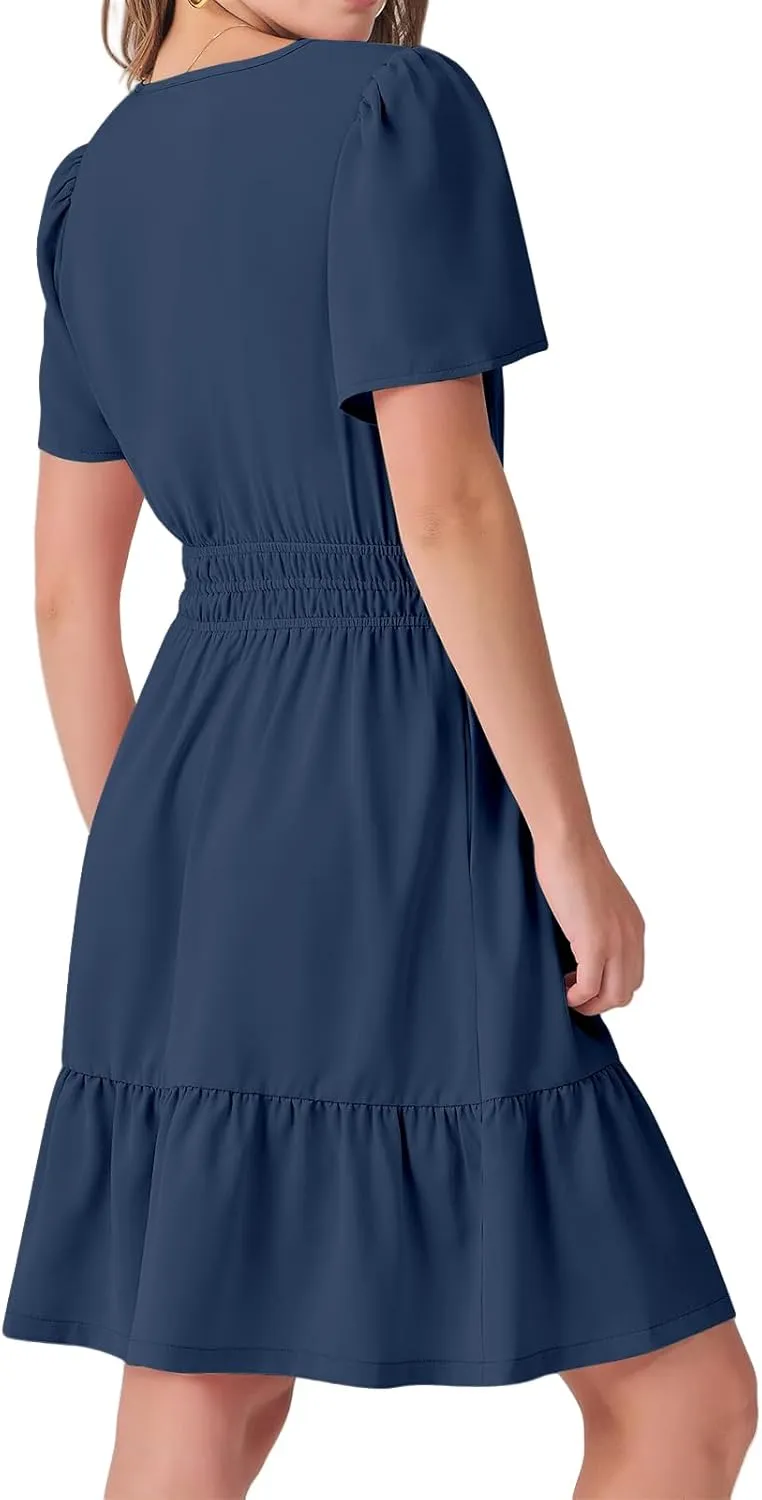 Casual Summer Dresses for Women 2025 Short Sleeve V Neck Beach Mini A-Line Ruffle Flowy Dress Dressy Work Sundress