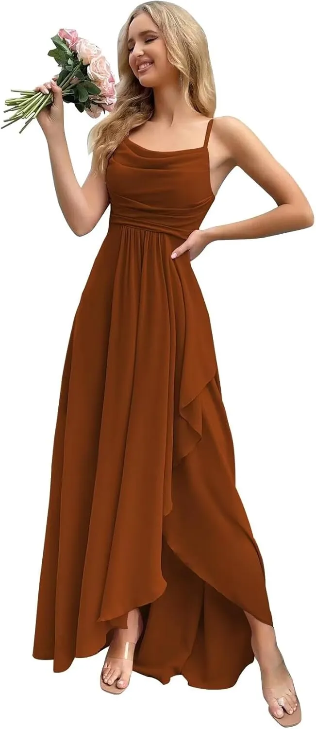Chiffon Bridesmaid Dresses Long for Wedding Women's Cowl Neck Spaghetti Straps Formal Evening Party Gown with Slit