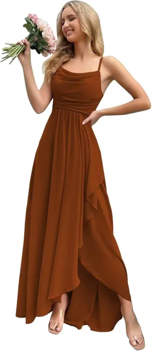 Chiffon Bridesmaid Dresses Long for Wedding Women's Cowl Neck Spaghetti Straps Formal Evening Party Gown with Slit