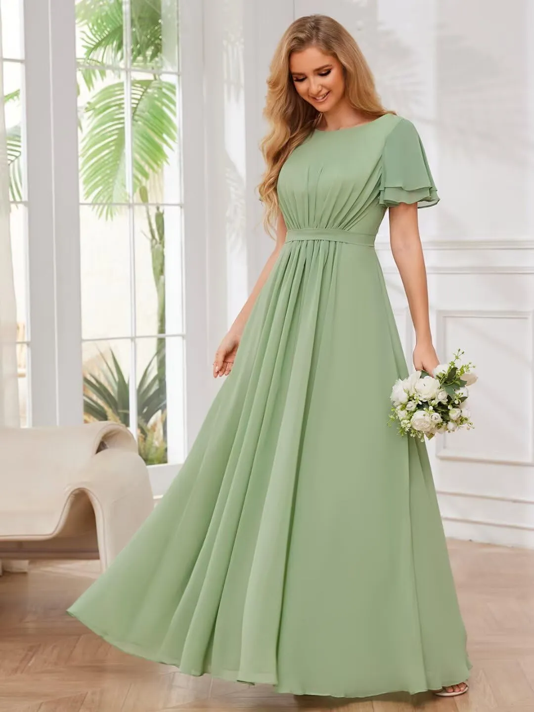 Chiffon Bridesmaid Dresses with Sleeves Modest Mother of The Bride Dress Long Formal Evening Gowns