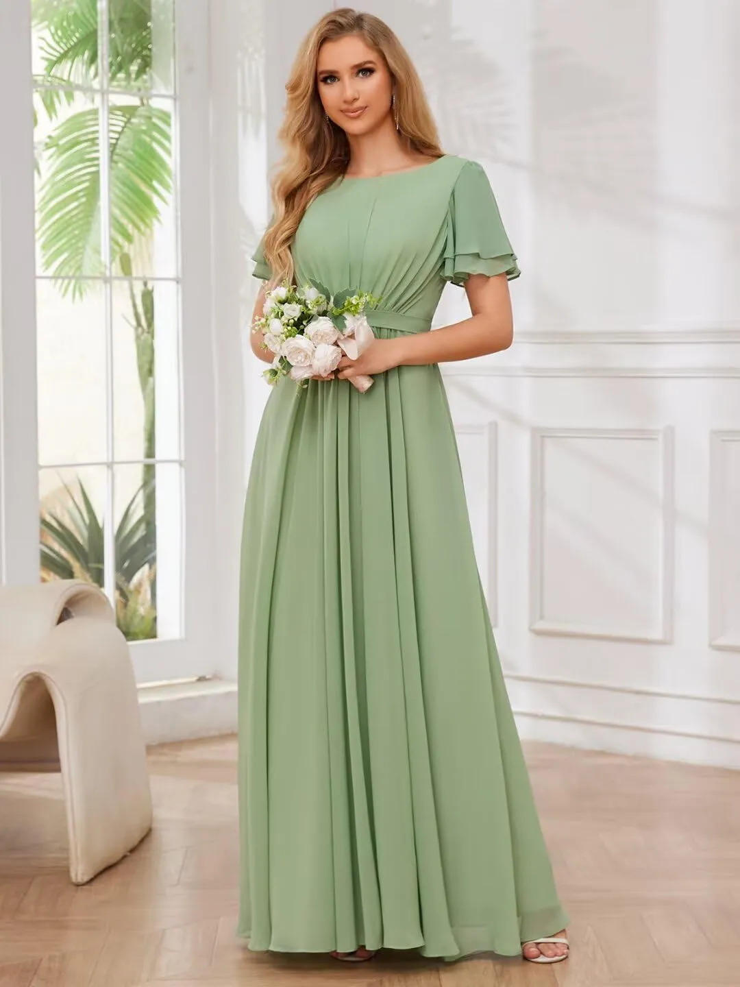 Chiffon Bridesmaid Dresses with Sleeves Modest Mother of The Bride Dress Long Formal Evening Gowns