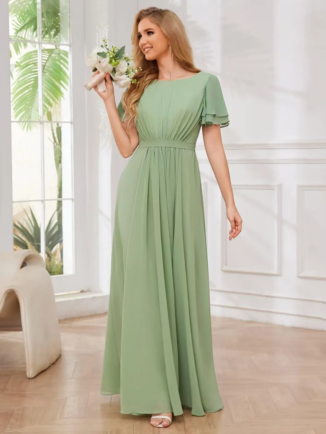 Chiffon Bridesmaid Dresses with Sleeves Modest Mother of The Bride Dress Long Formal Evening Gowns