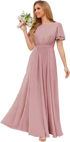Chiffon Bridesmaid Dresses with Sleeves Modest Mother of The Bride Dress Long Formal Evening Gowns