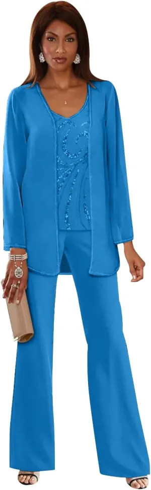 Chiffon Mother of The Bride Pant Suits for Women Sequins Wedding Party Dress with Jackets Formal Outfits MIS089