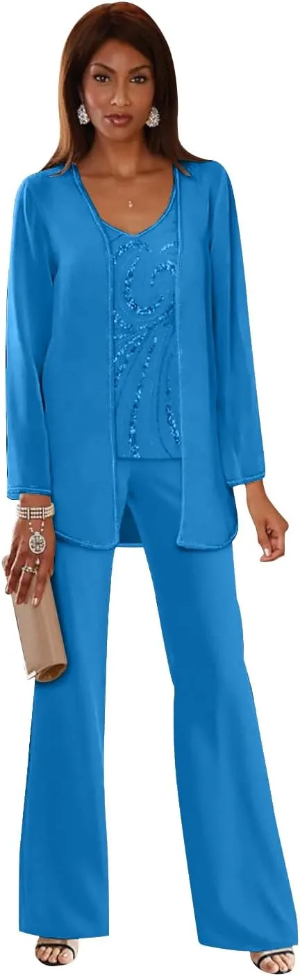 Chiffon Mother of The Bride Pant Suits for Women Sequins Wedding Party Dress with Jackets Formal Outfits MIS089