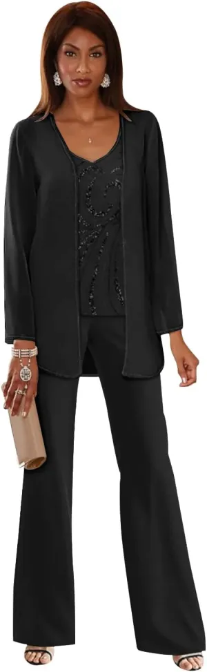 Chiffon Mother of The Bride Pant Suits for Women Sequins Wedding Party Dress with Jackets Formal Outfits MIS089