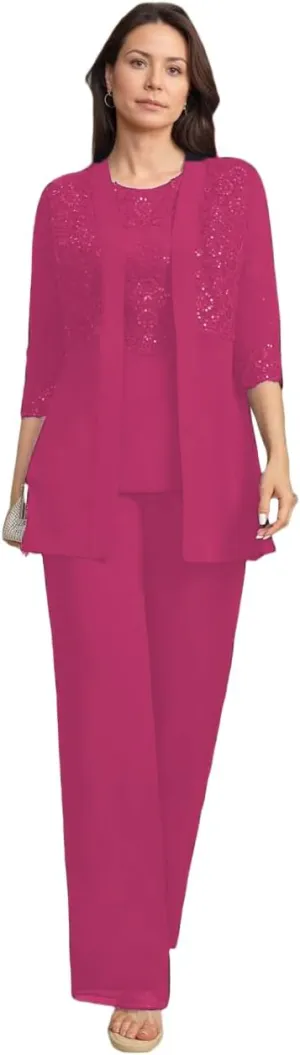Chiffon Pants Suits for Women Dressy Mother of The Bride Dresses 3 PC Outfits Formal Evening Gowns with Jackets Fuchsia